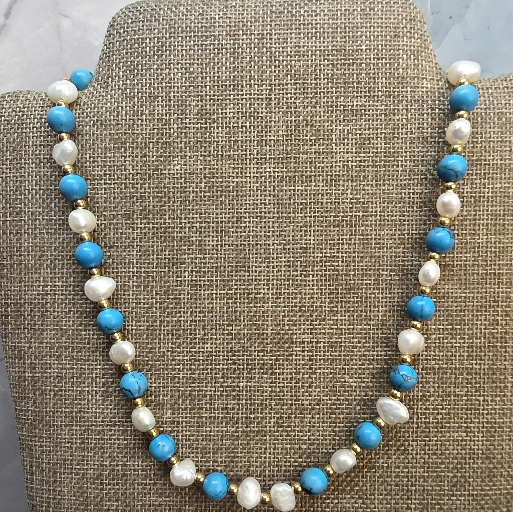 Edforce Stretch Necklace | Freshwater Pearls & Turquoise Look Beads | Gold Tone